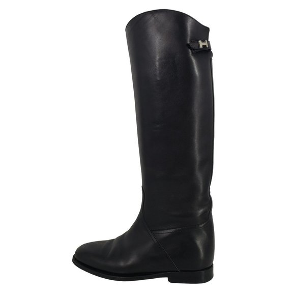Hermes Tall Black Leather Jumping Boot Silver H Buckle Womens Size 38 Equestrian - Picture 1 of 15